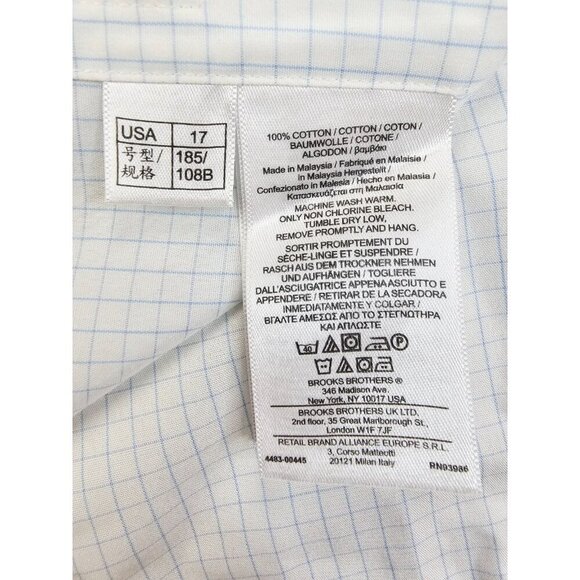 Brooks Brothers Classic Sz 17-35 Mens White Blue Trim Check Long Sleeve Non Iron - Picture 7 of 10